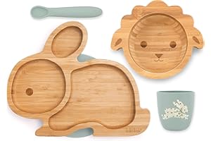 Koko Kids® Bamboo and Silicone Feeding Set ~ Rabbit Suction Plate, Lamb Suction Bowl, Silicone Cup and Spoon (Grün)