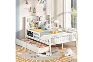 ‎COSTWAY COSTWAY 140 x 200 cm Kinderbett mit Rausfallschutz & Zeichenbrett, Jugendbett mit 2 Schubladen, Bücherregal & Lattenrost, Holzbett weiß, Doppelbett für Jungen und Mädchen