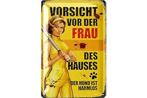LANOLU Cartel de chapa retro con texto en alemán "Vorsicht vor der FRAU des Hauses, der Hund ist harmlos- Vintage Metallschild mit Funstigem Frase, Retro Deko für den Garten Türschild Familie aus