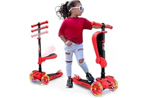 Hurtle Kinderscooter mit Klapp- & Abnehmbarem Sitz – Roller für Kinder mit Großen Rädern & LED-Lichtern – Cityroller mit 4 Höhenoptionen ab 2 Jahren – Stabiler 3-Rad Roller Indoor & Outdoor max. 60 kg