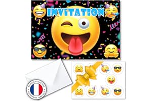 Kit créatif de 10 cartes d'invitation en français pour anniversaire sur thème smileys pour 10 invités (10 cartons d invitation + 10 enveloppes + 1 planche de 10 stickers). Idéal enfants de 4 à 10 ans