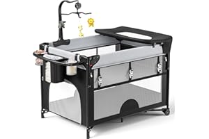 Aoykkii Cuna de Viaje 5 en 1 para Bebé,Plegado rápido y fácil Parque de bebés, Incluye Carrusel de Cuna con Juguetes, Estantes para pañales,Bolsa de Transporte