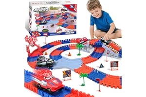 Aooess Toys for 3-8 Year Old Boys: 212 PCS Spider Construction Race Tracks for Kids Gifts for 3 4 5 6 7 8 Year Old Boys Girls Toy Presents Flexible Race Tracks Cars Gift Set with 2 Electric Cars