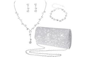 Yolev Bridal Wedding Jewelry Set - Silver Clutch Purse Bag - Rhinestone Necklace, Earrings, Bracelet - Prom Jewelry for Brides & Bridesmaids