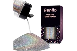 Renfio Holographic Glitzer Powder, 1.75 Oz (50g) glitzer gesicht, 1/128" 0.008" 0.2mm Ultra Fine Glitzerpulver For Garten Deko, Glitzer Basteln, Nail Powder, Body Glitzer Haare - Laser Silber