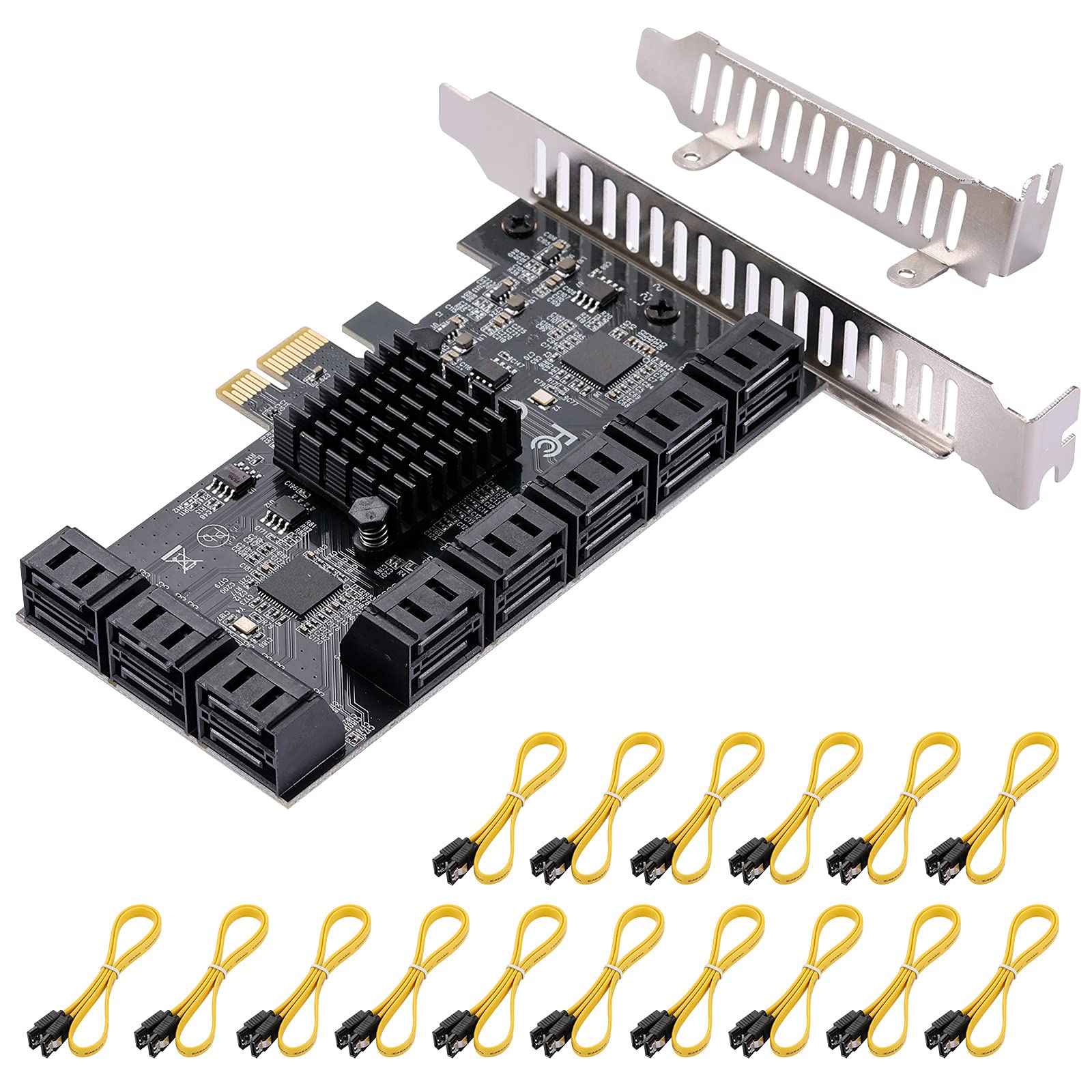 PCI Express to 16 ports1X Card, 6 Gbps SATA 3.0 Controller, PCIe Expansion Card, Non-Raid, Supports HDDS, with Low Profile Bracket and 16 Cables, JMB575 ASM1064 Chips
