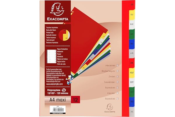 Exacompta - Réf. 92E - Intercalaires en polypropylène avec 12 onglets imprimés mensuel de Janvier à Décembre en couleur - Page d'indexation imprimable - Format à classer A4 maxi