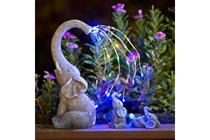 Yeomoo Figurines de jardin décoratives éléphants avec guirlande lumineuse solaire d'extérieur : éléphant mère avec 2 bébés éléphants Décoration de jardin pour l'extérieur, cadeaux pour maman, femmes