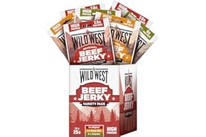Wild West Beef Jerky Variety Pack 12 × 25g – 4 × Original, 4 × Honey BBQ, 4 × Jalapeño – High Protein Gluten Free Snack – No Added MSG – Ideal for Gym, Travel, Hiking & Everyday Energy