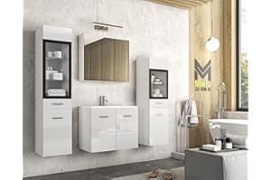 ‎MINIO GO FOR IT MINIO go for it - 4-TLG. Badezimmermöbel Set Marit I Mittlere und Große Hängeschrank ohne LED-Belechtung I Wandspiegelschrank I Schrank mit Waschbecken I Weiß Matt und Weiß Hochglanz