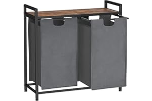 AMHANCIBLE Wäschekorb mit 2 Fächern, Wäschesammler, 2 abnehmbare Taschen aus Oxford-Gewebe, 48 Liter x 2, Stahlrahmen und obere Ablage, 73 x 30 x72,5 cm EHLS02BG