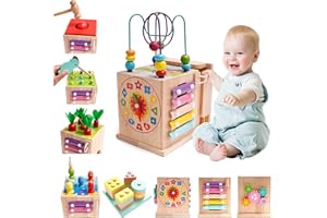 NUKied Cubo di Abilità Motorie in Legno,9 in 1 Giocattoli Montessori per Bambini 1 Anno,Set di Giocattoli di Abilità Motorie,Cubi di smistamento e impilamento,Legno Bambini per 3 4 5 Anni