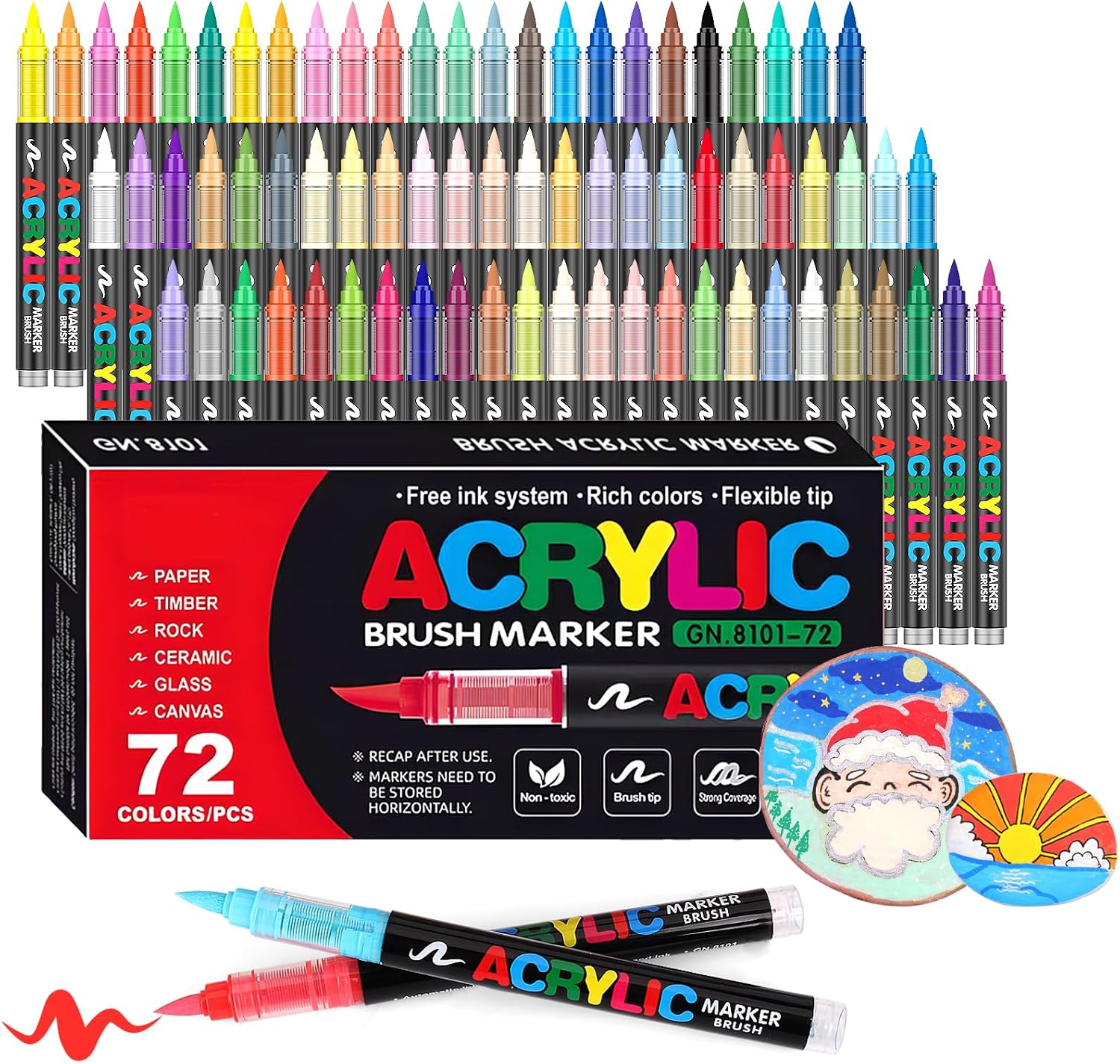 Laconile 72 Couleurs Feutre Acrylique, stylos acryliques à pointe pinceau pour le coloriage adulte ，Acrylic Paint Markers pour Coloriage, Calligraphie, Bois, Toile, Verre, Céramique