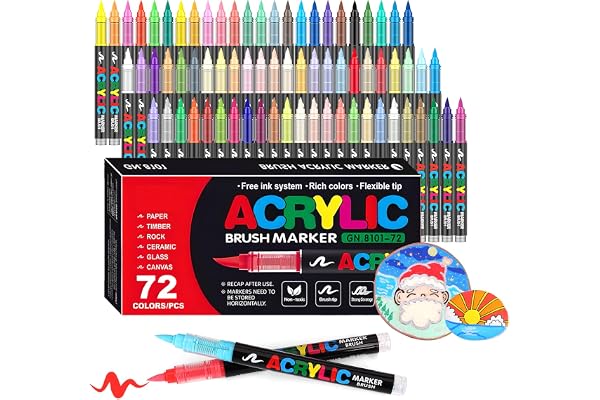 Laconile 72 Couleurs Feutre Acrylique, Stylos Acryliques à Pointe Pinceau pour le Coloriage Adulte ,Acrylic Paint Markers pour Coloriage, Calligraphie, Bois, Toile, Verre, Céramique