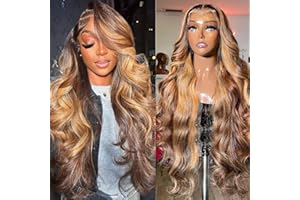 Angelwing Highlight Lace Front Wig Human Hair 150% Density Honey Blonde 13x4 Body Wave HD Transparent P4/27 Ombre Highlight Human Hair Wigs With Baby Hair 28 inch (P4/27 Highlight Body Wave Wig)