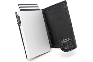 Stealth Wallet - Porte-Cartes Minimaliste - Portefeuilles Pop-up avec Blocage RFID - Porte-Cartes de Crédit Léger avec Rangement pour Les Espèces (Aluminium Argenté avec Cuir Noir et Poche à Monnaie)