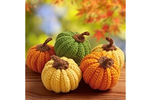 AWARDSEN Pumpkin 5 Pcs Crochet Artificial Pumpkins Autumn Decoration Orange Yellow Green Pumpkin Ornament Cute Thanksgiving Halloween Pumpkins Decorations for Home (3 Color)