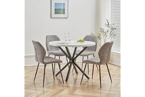 DEYARNA HOME Juego de Mesa de Comedor Redonda de 100 cm con 4 Sillas de Tela de Lino, Conjunto Mesa y Sillas de Comedor para Comedor, Cocina y Salón (Blanco/Negro+ST-Gris)