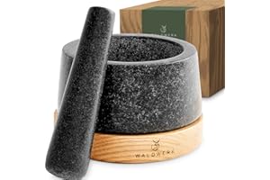 WALDWERK Mortier avec Pilon pour Cuisine - Mortier avec Base en Chêne Élégante et Solide - Pilon du Mortier Extra Long en Granit Naturel