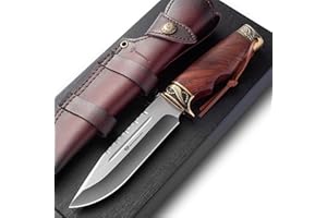 DRACHENADER Cuchillo Supervivencia Yu - Ln, 14, 7cm Navaja Acero De Damasco, Acero 5Cr14moV Mango De Madera, Con Funda De Cuero, Camping De Supervivencia