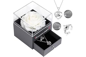 EAPRALA Te Amo para Siempre Regalo Original Mujer,Rosa Preservada Real con Anillo y Collar de Corazón con Te Amo en 100 Idiomas, Rosa Eterna para el Día de San Valentín Aniversario Cumpleaños