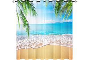 ‎YUANZU YUANZU Tropischer Vorhänge Palmen Strand Blauer Himmel Weiße Wolken Ösen Gardinen mit Blickdichte Vorhang Blackout Curtain Wohnzimmer Schlafzimmer Verdunkelung Fenster, 2 Stück, H 260 x B 200 cm