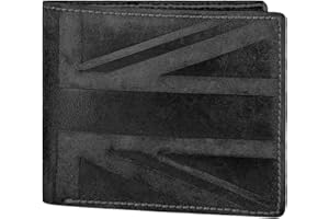 Hudson & James Designer London Real Distressed Leather Mens Wallet with Zip Coin Pocket Credit Carder Holder Bifold Purse UK Union Jack (Black)