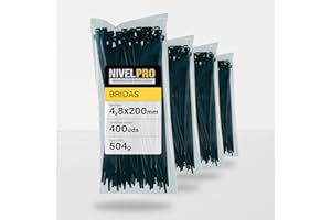 NIVELPRO Bridas de plastico, 4'8 x 200 mm, 400 unidades, Bridas resistentes exterior e interior, Diferentes tamaños, Bridas de cremallera, Color negro