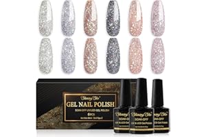 Shining She Esmaltes Semipermanentes Para Uñas en Gel UV LED,6 Colores Glitter Oro Plata Negro Morado Pintauñas Semipermanentes Apto Para Principiantes Manicura,8ML