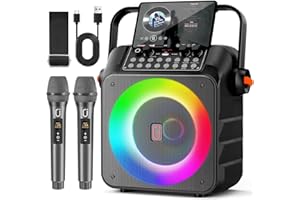HWWR Karaoke Maschine mit 2 drahtlosen Mikrofones, Tragbaren Karaoke Anlage Lautsprecher mit RGB-Licht für Hausparty, PA-System für ErwachsenePartybox Unterstützt,TWS