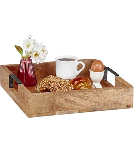 Plateau Rectangulaire En Bois Noir 36x23.8x4 Cm – Plateau De Service Avec Poignées, Style Minimaliste Pour Cuisine & Salon