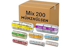ALEJANDRO FUENTES AF® - 200 Münzhülsen mannigfach | 25 Münzrollen für 2 euro, 1 euro, 50cent, 20cent, 10cent, 5 2 und 1 cent, 25 Münzrollen Kunststoff x 8 Münzen