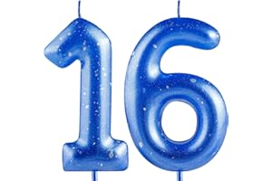 Hongplus Blue Silver Number 16 Candles, 16 Birthday Candle,Blue Happy Birthday Candles for Cake, Cake Topper Decorations for Boys Girls Him 16th Birthday Party Decorations Supplies Favor Gift