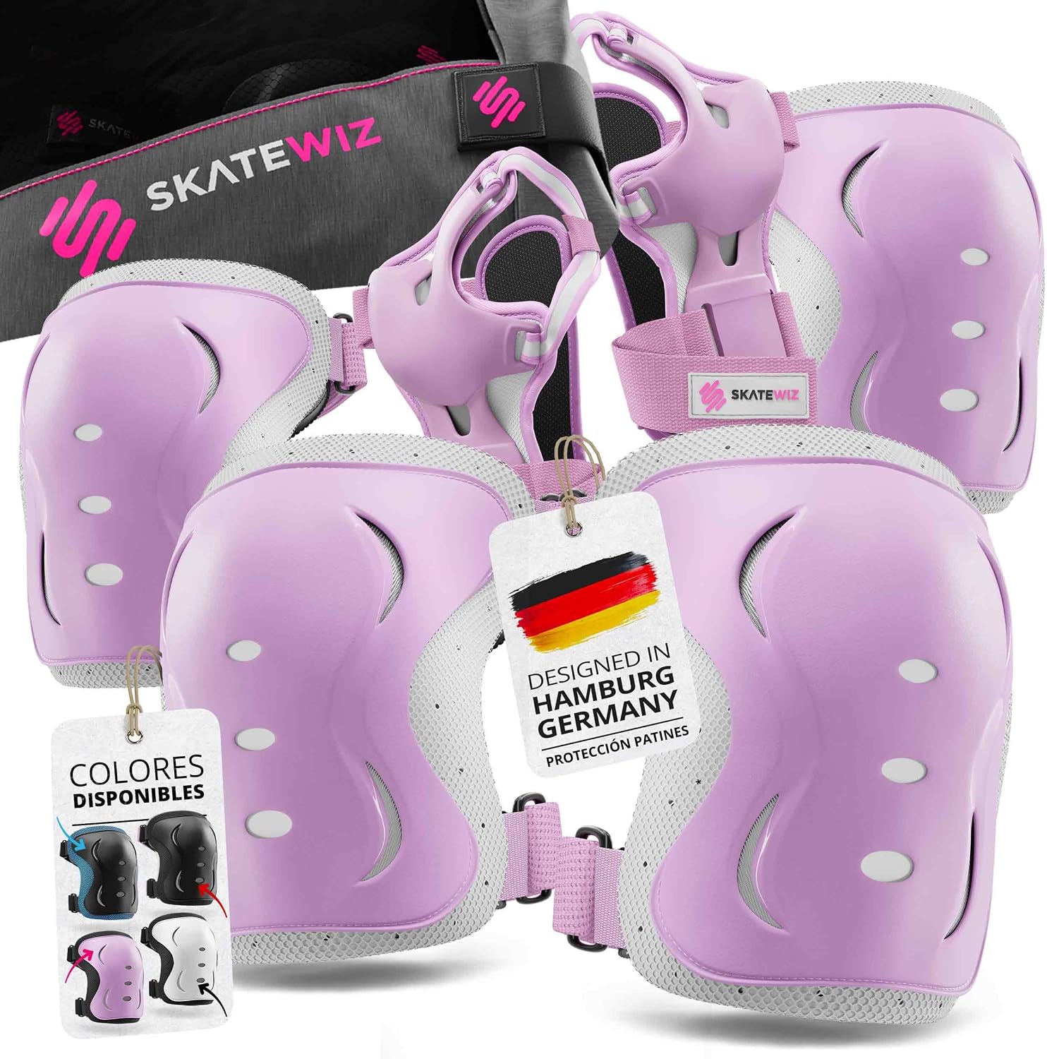 SKATEWIZ Protecciones Patines Set - Para Niño, Niña, Adolescentes y Adultos [6 piezas] con Rodilleras y Coderas Muñequeras - Protecciones Patines Niño