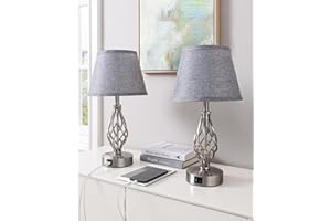 EDISHINE Lampka nocna LED, dotykowa, ściemniana, zestaw 2 szt., nowoczesna lampa stołowa z funkcją ładowania, 2 porty USB, do dekoracji sypialni, salonu, na parapet, prezent, abażur lniany, szara