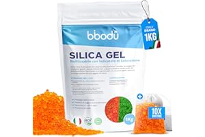 BIBODU Silica Gel Arancione 1KG + 10 Bustine | Gel di Silice Riutilizzabile con Indicatore di Saturazione | Perfetto per Armadi, Dispositivi Elettronici e Fiori da Essiccare