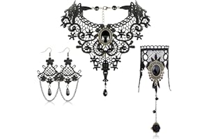 JeryWe 4PCS Gotico Vintage Strega Vampiro Gioielli Set per le donne Collana Choker Nero Pizzo Guanti lunghi Fingerless Bracciale Orecchini pendenti per Halloween Pasqua