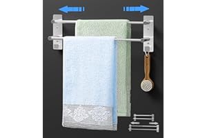Mivcinn Towel Rail Wall Mounted (37-70CM) 14.6-27.6inch SUS304 Stainless Steel Towel Holders Self Adhesive 2-Tier Towel Rack with 2 Hooks Towel Shelf Bar Adjustable Towel Rack for Bathroom Kitchen