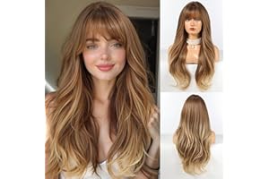 ‎HAIRCUBE HAIRCUBE Lange Ombre-Perücke in Braun mit Pony, geschichtete lockige Perücken für Frauen, natürliche synthetische Perücken für den täglichen Gebrauch (Pelucas de cabello natural)
