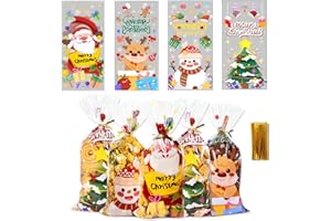 CVOZO 100 Sacchetti Biscotti Natale Sacchetti Trasparenti: Bustine Alimentari di Cellophane per Confezioni,Bustine Alimentari Natalizie Cellophane con Cravatte per Regali Caramelle