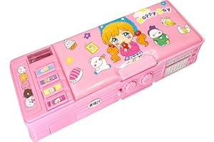 LILYBEAUTY Estuche multifunción desplegable para niñas y niños, bonito organizador de dibujos animados con cerradura, sacapuntas, horario, pizarra blanca, suministros escolares, el mejor regalo para niños y