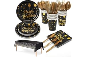PARTYHAUSY 176Pièces noir Party Vaisselle,25 invités Kit Vaisselles Anniversaire Assiette Dîner Papier Tasse Serviette, Enfants Party Fête Mariages Baby Shower Noël