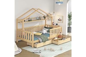 FEZTOY Kinderbett Hausbett 90x200 cm, Massivholz Rausfallschutz Bett mit 2 Schubladen und Ablage,Multifunktionsholz Massivholz Kinderbett für Kinder, Jungen und Mädchen (ohne Matratze), Natur