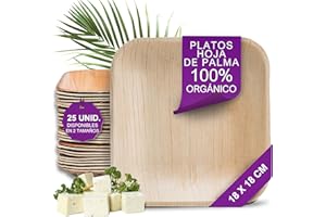 Waipur 25 Platos Desechables de Hoja de Palma Ecológicos - Cuadrado 18x18 cm - Vajilla Orgánica - Estables, Elegantes, Biodegradable - Menaje Descartable - similar al Bambu