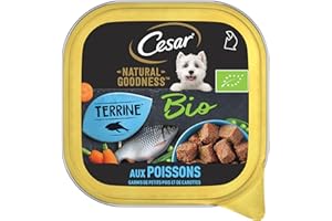 Cesar Barquettes Natural Goodness Bio Terrine – Nourriture Humide pour Chien – aux Poissons Garnis de Petits Pois et de Carottes – Lot de 16 barquettes x 100 g