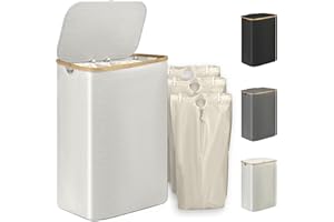 YEARVOT 160L Großer Wäschekorb mit Deckel, Wäschetrenner mit 3 Sortierbaren Wäschesäcken, Wäschekörbe mit Bambusgriffen, Schmutzwäschekorb Wäschekorb Wäschesortierer – Weiß - laundry baskets