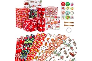 Niviy 12 Sheets Christmas Wrapping Paper 70x50cm Santa Claus Gift Wrapping Paper for Kids with Stickers, Double Sided Tape and Twine for Christmas, Birthday, Parties
