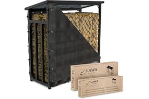 LAWA Living and Lifestyle Kaminholzregal aussen Metall mit Dach VERZINKT 188x70x188 45kg 3t 3,3³ SRM Kaminholzunterstand Stapelhilfe für Brennholz Feuerholzregal Holzlager (Schwarz mit Plane)