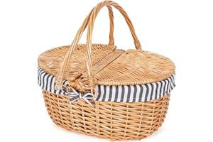 Happypicnic Wicker Picnic Basket with Handle, 15" Large Empty Picnic Basket with Lid & Removable Liner, Vintage Hand Woven Basket for Picnics, Camping, Veg Picking, Mother'S Day, Thanksgiving (Stripe)
