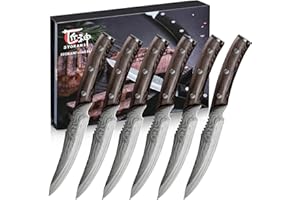 SYOKAMI Steak Knives Set of 6, 4.8 Inch High-Carbon Japanese Stainless Steel Non-Serrated Steak Knife with Wood Handle, Damascus Pattern Full Tang Design, Razor-Sharp Dinner Knives with Gift Box